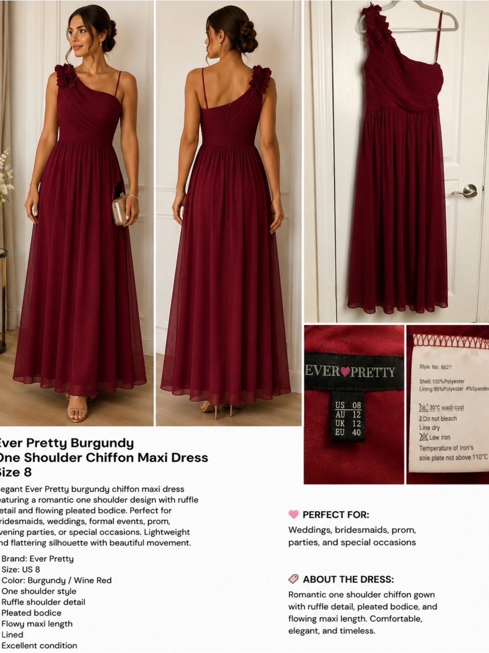 Ever Pretty Burgundy One Shoulder Chiffon Maxi Dress Size 8